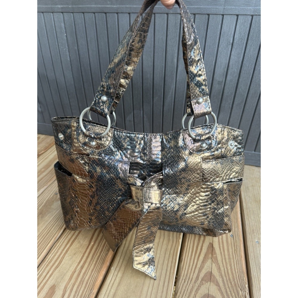 Vintage Y2K Chateau Faux Snakeskin Print Shoulder Bag Golden Brown Studded